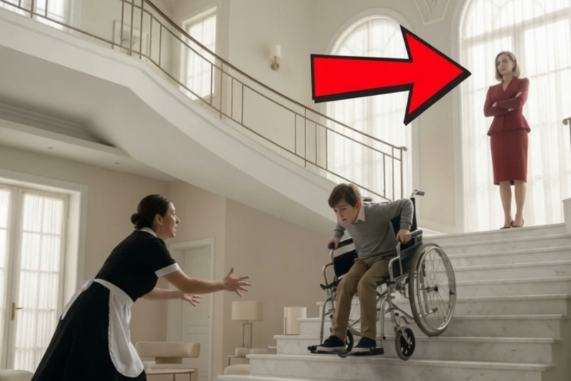 LA ESPOSA DEL MILLONARIO TIRÓ A SU HIJO EN SILLA DE RUEDAS POR LA ESCALERA,PERO LA EMPLEADA LO