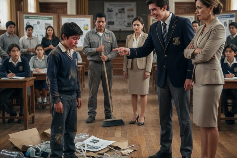 Todos aplaudían al hijo rico por su supuesto invento solidario, hasta que el verdadero creador subió al escenario mojado, temblando, y dijo: “Ese proyecto es mío”.
