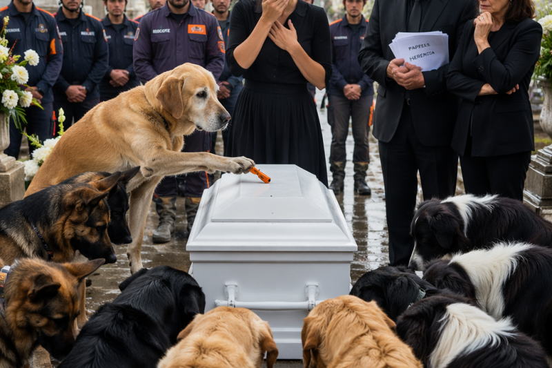 Mis familiares llegaron al cementerio preguntando por la herencia antes de que bajaran el ataúd y uno de ellos dijo: “Ese perro debería morir con ella”; guardé silencio hasta que el viejo labrador dejó un silbato naranja sobre la madera y 12 rescatistas entregaron las pruebas de un fraude que podía llevar a alguien de mi familia a prisión.