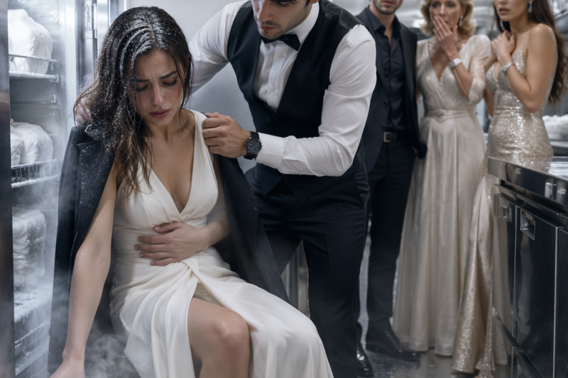 Me sacaron temblando de la cámara fría con el vestido manchado, mientras mi prometido seguía defendiendo a su ex y decía: “Ella siempre exagera”; yo no discutí, solo señalé la pantalla de seguridad, y en pocos segundos todos entendieron que la verdadera traición venía desde la familia.