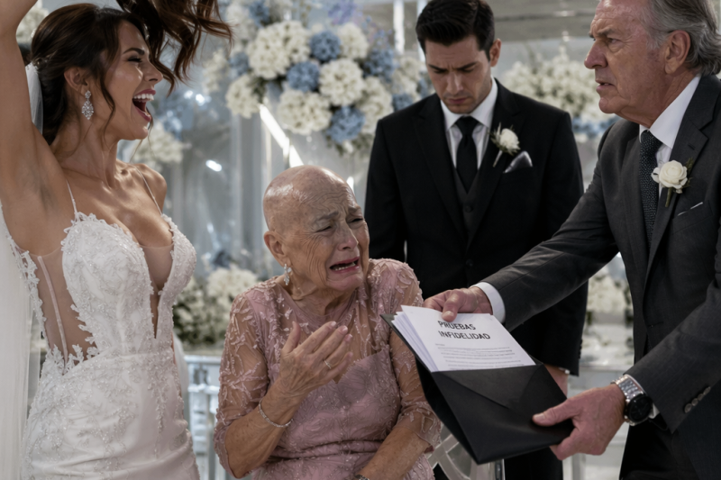Frente al pastel de bodas, mi nuera dejó a mi esposa sin peluca y mi propio hijo susurró: “Mamá sabe que la queremos”. Yo no discutí; solo encendí el micrófono, mostré una carta notarial y mencioné el convenio que la novia escondía desde hacía 12 días. Entonces alguien sacó un celular con una grabación…