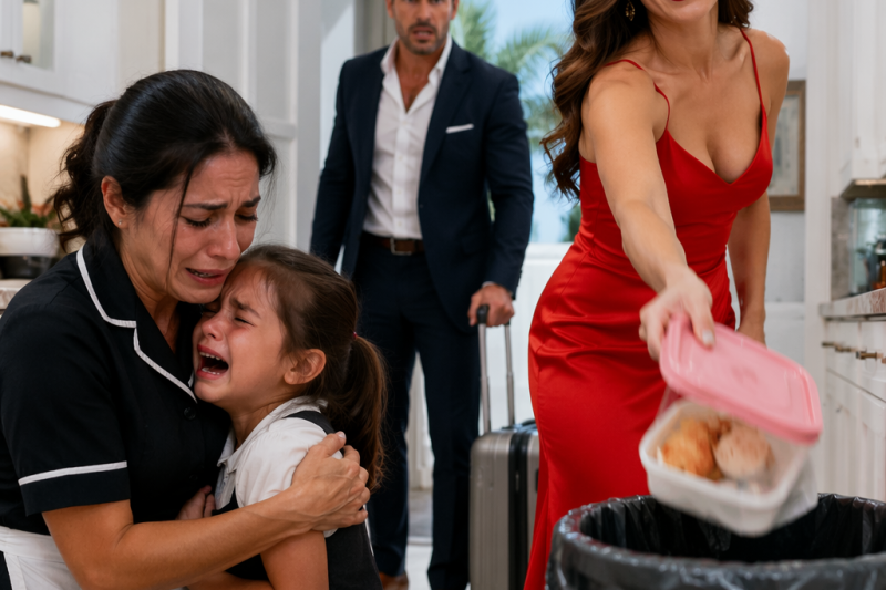 La mujer con el anillo de compromiso tiraba la comida de una niña de 3 años a la basura y decía: “Esta casa no es caridad”; su madre calló por necesidad, hasta que el dueño revisó 30 días de grabaciones y descubrió que el hambre era apenas el principio.