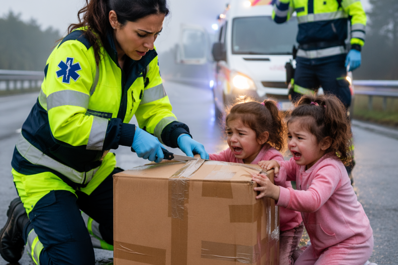 Dos niñas de 2 años intentaban sacar una caja del carril mientras repetían: “No dejen sola a mamá”. Su esposo apareció asegurando que ella estaba loca, pero yo guardé silencio, encendí la cámara de la ambulancia y abrí el cartón. Dentro encontramos una carta falsa, cinchos de plástico y una pista sobre los 800,000 pesos que alguien había pagado por una de las gemelas.