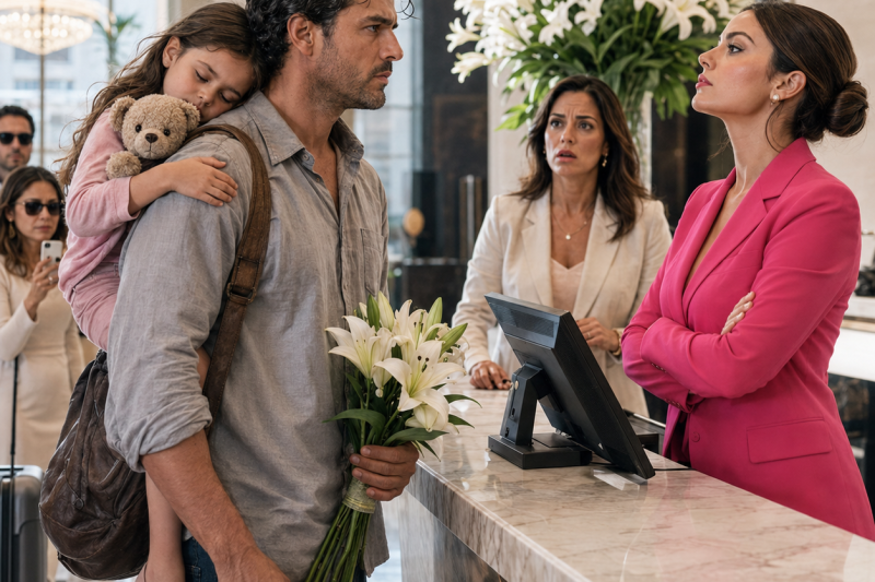 Le dijeron que no había cuartos mientras su niña abrazaba un osito viejo en el lobby; 3 minutos después dieron dos llaves a una pareja sin reservación, y cuando la pequeña preguntó: “¿Papá, hicimos algo malo?”, él no gritó… solo pidió al gerente y preparó una verdad que nadie esperaba.