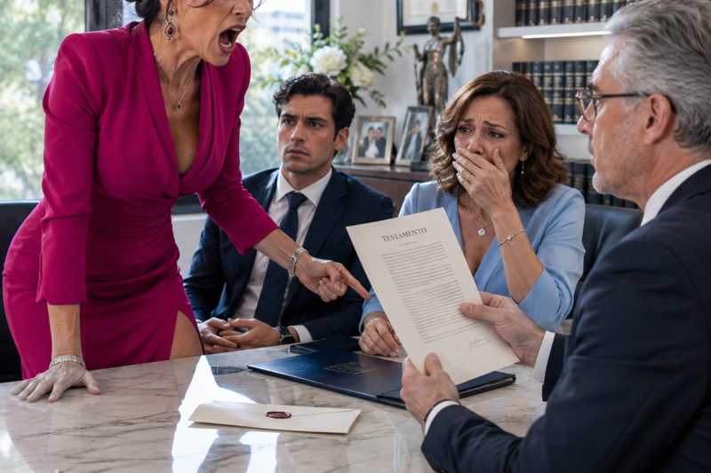 Mi madrastra golpeó la mesa cuando escuchó que solo recibiría una pensión: “Él me prometió todo”, gritó frente a la familia; yo no levanté la voz, solo pedí que leyeran la última página del testamento, y entonces su secreto empezó a salir.