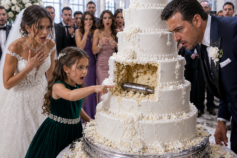 La novia llamó “sirvienta mentirosa” a mi mamá frente a 80 invitados, pero mi hija no lloró; solo señaló el tercer piso del pastel y dijo: “Ahí escondieron algo”, sin saber que ese pequeño tubo plateado destaparía una traición familiar mucho peor.