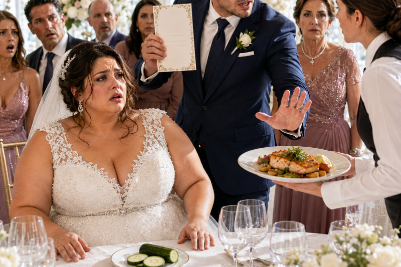 La suegra ordenó que a la novia solo le sirvieran pepino y agua mineral “para que entrara elegante a la familia”; ella guardó silencio frente a todos, pero cuando abrió una nota escondida junto al brindis, descubrió que ese plato era apenas la primera parte de un plan mucho más cruel.