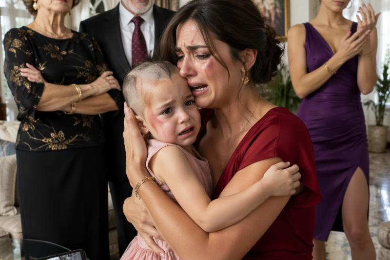 Mi hija lloraba con la cabeza rapada mientras mi suegra repetía: “Tu niña robó mi pulsera”, y cuando mi suegro me dio una bofetada frente a todos, no grité; solo junté documentos, tomé 180,000 pesos escondidos y revisé una grabación que nadie imaginaba que seguía funcionando.