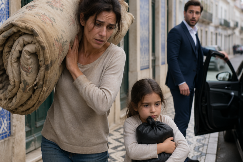 El millonario vio a una madre sin ayuda arrastrar un colchón hacia la casa de su infancia, pero cuando su hermana ordenó sacarla a la calle, una niña señaló la pared y rompió el silencio