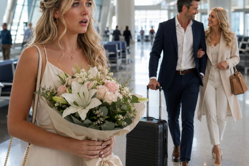 Yo sostenía flores para recibir a mis padres cuando mi esposo, que supuestamente estaba en un viaje de negocios, salió del aeropuerto tomado de la cintura de otra mujer.