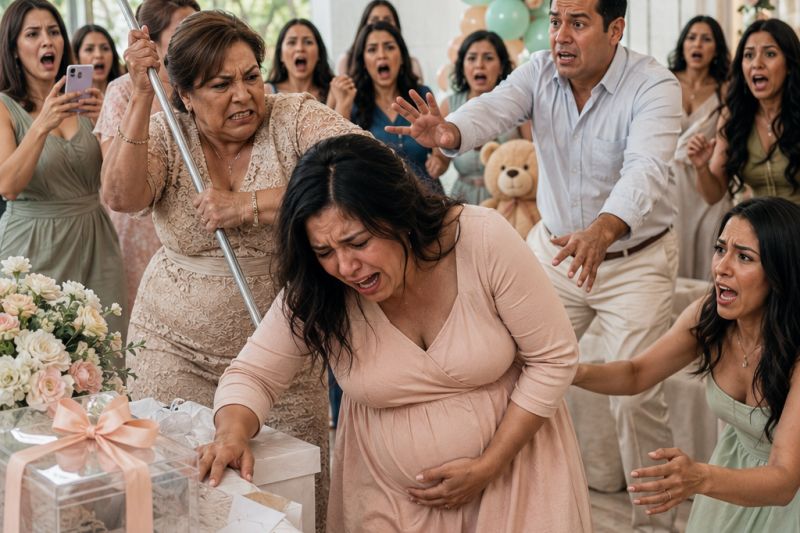 Estaba embarazada de 8 meses, de pie bajo globos pastel, cuando mis amigos vitorearon: “Para ti… y para el bebé.” Alguien susurró: “Recaudamos 50,000 dólares para tus gastos médicos.” Yo lloraba, reía… hasta que los ojos de mi mamá se clavaron en la caja de donaciones. “Muévete”, espetó, intentando agarrarla. “Mamá, no… ¡esto no es tuyo!” Su sonrisa desapareció. Metió la mano detrás de la mesa, arrancó una pesada barra de hierro de las decoraciones y siseó: “No mereces esto.” Entonces… CRACK. El golpe se estrelló contra mi vientre. Una oleada cálida y aterradora… se me rompió la fuente al instante. duyhien