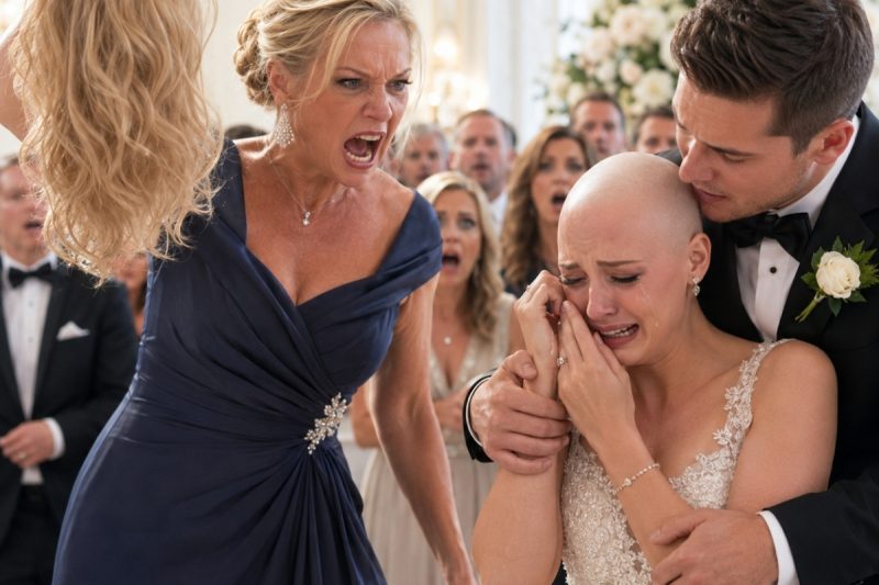 Una suegra arrancó la peluca de la novia frente a 300 invitados y gritó “mintió a todos”, sin imaginar que aquella mujer enferma había descubierto millones robados de una fundación para pacientes con cáncer y guardaba la prueba final para destruirla en su propia gala…