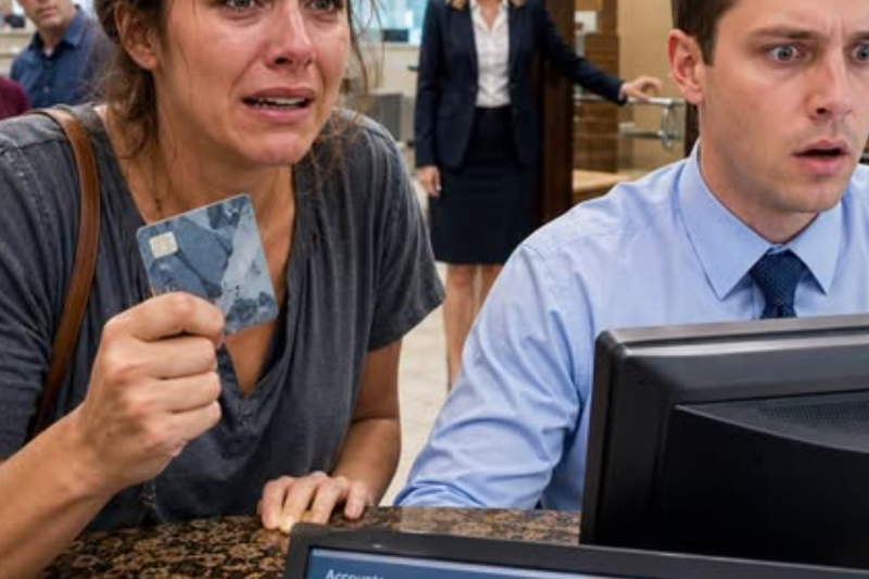 Me quedé en la acera con solo 43 dólares en el bolsillo cuando mi esposo cerró la puerta de un portazo. “Nunca regreses”, se burló. Desesperada, rebusqué entre mis viejas pertenencias y encontré la tarjeta bancaria polvorienta de mi difunto padre. En el banco, el cajero se quedó inmóvil y susurró: “Señora… ¿sabe cuál es el saldo de esta cuenta?” Su rostro palideció. Y en ese mismo instante, mi vida hecha pedazos tomó un nuevo rumbo.