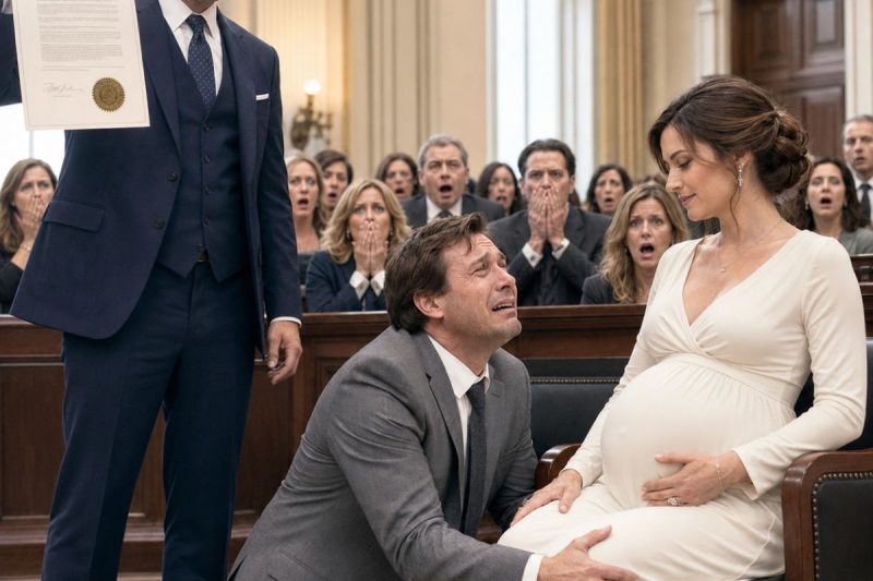 Con 8 meses de embarazo, entré al juzgado creyendo que mi esposo millonario me quitaría todo… hasta que mi abogada abrió una carpeta negra y una cláusula familiar olvidada destruyó su plan.