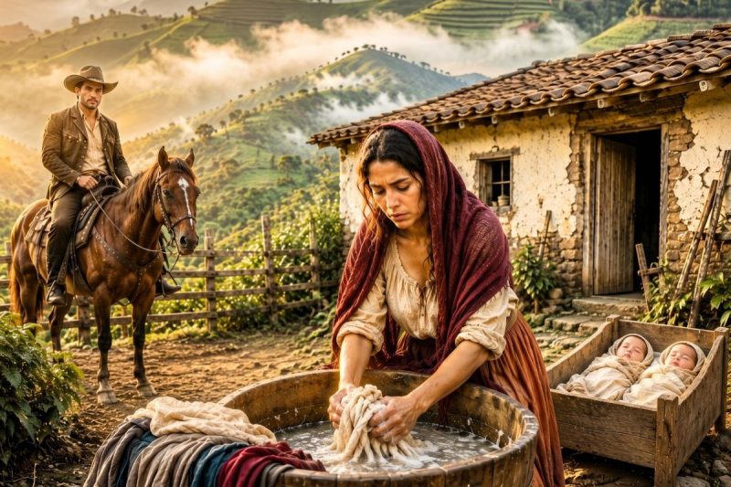 Una viuda lavaba ropa para alimentar a sus gemelos… hasta que el patrón llegó con una deuda falsa y un jinete cambió su destino.