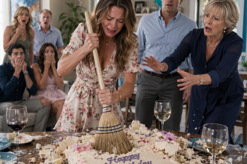Su esposo le entregó una escoba frente a todos en la fiesta y dijo: “Ahora sí puedes salir volando.” Todos se rieron… hasta que ella miró el pastel de cumpleaños de su suegra y decidió que esa sería la última noche en que alguien la humillaría.