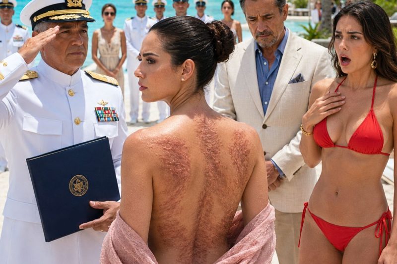Mi hermana me arrancó la camisa en plena playa y se burló: “Todos sabemos que saliste por vergüenza”, hasta que un almirante apareció frente a mi familia