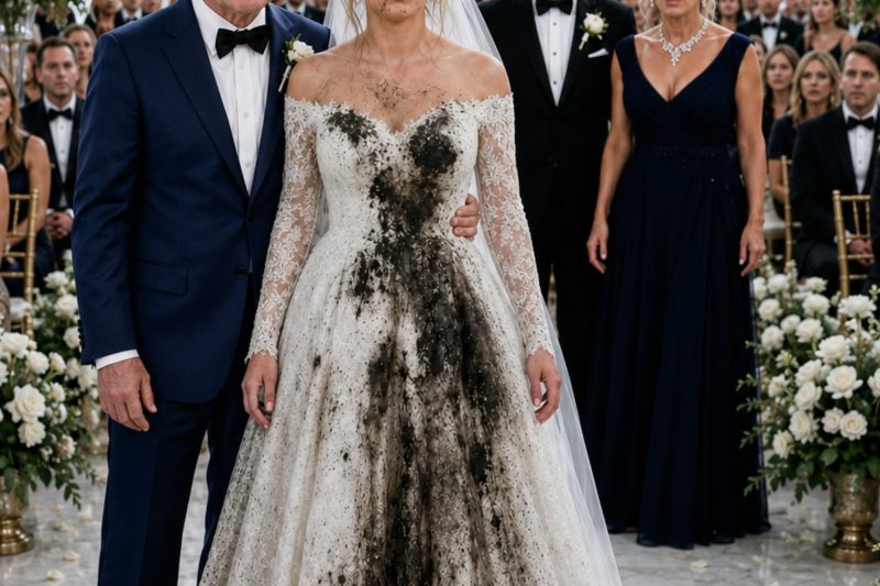 Mi suegra derramó algo asqueroso sobre mi vestido de novia y dejó una nota: “Conoce tu lugar”. Frente a 200 invitados, me lo puse de todos modos, tomé el brazo de mi padre y caminé hacia el altar sin derramar una lágrima. Entonces sonreí al novio y susurré: “Tu madre olvidó una cosa: conozco el secreto que los destruirá a ambos”.