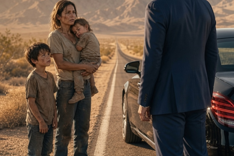Historia completa: Mientras estaba de pie al borde de una carretera desierta con dos niños hambrientos, dos maletas rotas y sin ninguna forma de regresar a casa, el sedán negro de un multimillonario se detuvo frente a mí.