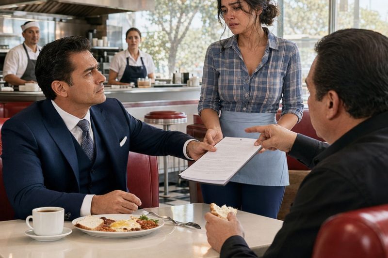 Un empresario millonario entró a una cafetería de carretera y encontró sirviendo mesas a la amiga que pagó su beca cuando eran niños; al revisar un sobre vencido, descubrió que su propia empresa estaba a punto de quitarle también la casa.