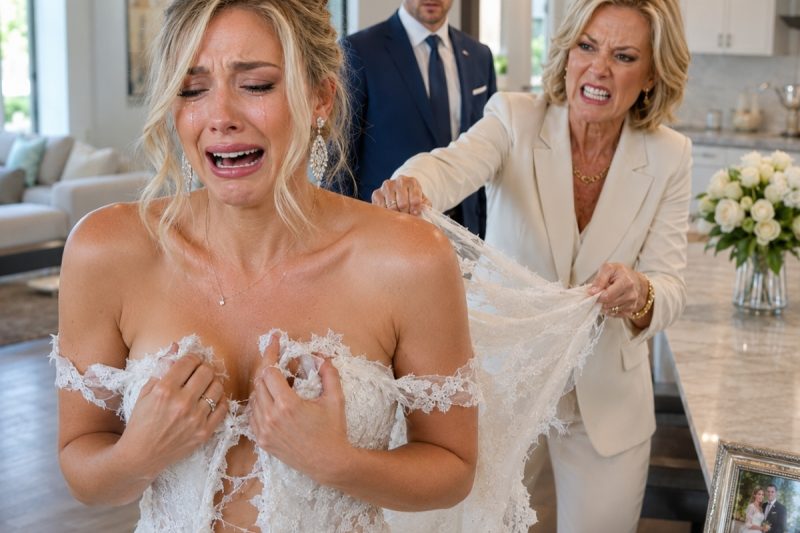 Cuando mi suegra rasgó mi vestido blanco en medio de mi cocina, gritó: “¡Mi hijo paga todo en esta casa!” Mi esposo estaba de pie junto a ella y no dijo nada. Ni una sola palabra. Así que, a la mañana siguiente, cuando su llave ya no funcionó en la puerta principal de mi casa, la observé a través de la cámara de seguridad y susurré: “Lorraine, esta casa nunca fue de él.” Y esa fue solo la primera mentira que descubrí.