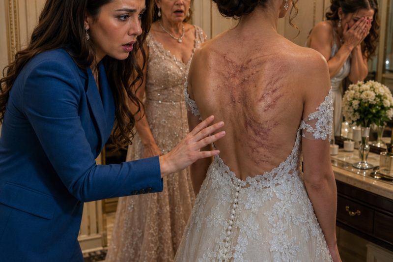 En la boutique de novias, mi hermana menor salió con su vestido de novia. Pero cuando la modista bajó la cremallera, se me detuvo el corazón. Marcas oscuras recientes cubrían su espalda.