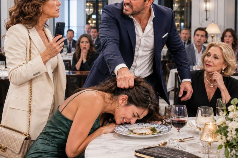Mi yerno le jaló el cabello a mi hija frente a todo el restaurante y la obligó a bajar la mirada. Su madre sonrió y dijo: “Así se corrige a una esposa.” Mi hija lloraba como una niña asustada… pero cuando me puse de pie, él entendió que esa noche el silencio se había terminado.