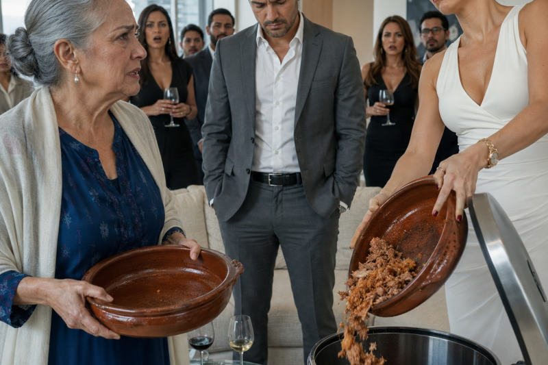 ntht/ Mi nuera tiró mi comida frente a 14 invitados y dijo: “Esto huele a fonda vieja”; mi hijo bajó la mirada, yo no lloré, solo guardé mi cazuela vacía… porque en mi bolsa tenía la escritura que iba a cambiarles la vida.