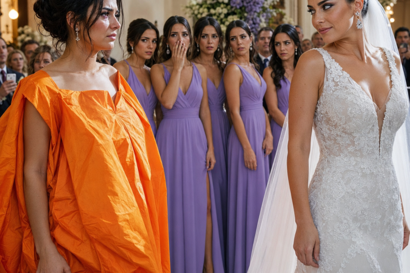 Frente a más de 100 invitados, yo era la única dama con un vestido naranja ridículo mientras mi hermana sonreía en blanco: “Así quedó perfecto”; no dije nada, solo repetí “pregúntenle a la novia”, y esa frase acabó llevando al micrófono una verdad que ella jamás pensó enfrentar.