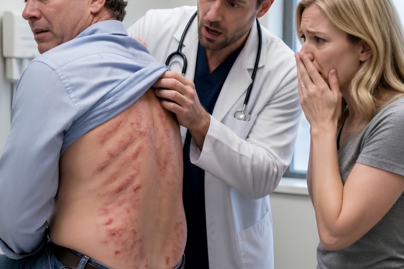Me quedé helada al ver la espalda de mi esposo: decenas de puntos rojos formaban círculos perfectos. Él dijo que era un sarpullido… hasta que el doctor palideció y susurró: “No regreses a casa. Llama a la policía.”