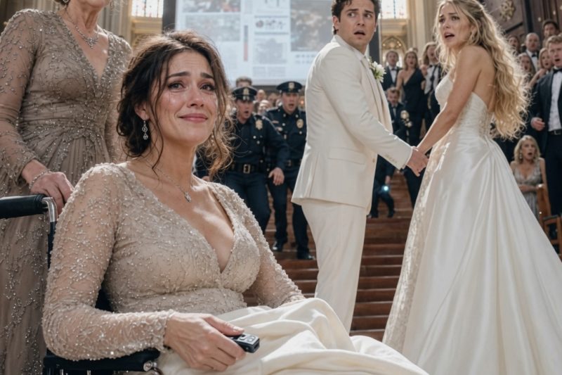 El borde de mi silla rozó el primer escalón del altar mientras mi futura suegra empujaba con fuerza. —¿De verdad creíste que un multimillonario se casaría con una lisiada inútil? —escupió con desprecio. Mi prometido, vestido de blanco, sostenía la mano de mi hermana… usando mi vestido de seda. No temblé. Sonreí. Presioné el control remoto oculto en mi palma. Click. Las puertas de la catedral se bloquearon. La pantalla detrás de ellos se encendió. Y entonces… comenzó su caída.