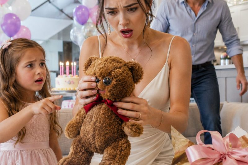 Mis suegros le enviaron a mi hija de 6 años un osito de peluche por su cumpleaños. Ella lo abrazó, sonrió… y de pronto susurró: “Mami, ¿qué es esto?”. Cuando miré el ojo del oso, se me heló la sangre. Tres días después, la policía llamó a su puerta.