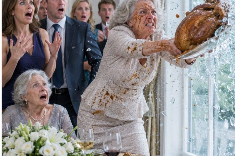 Pasé 6 horas preparando una cena elegante para los padres millonarios de mi nuera. Pero antes de que llegaran, ella probó la salsa y me la escupió en la cara: “Está asquerosa, igual que tú.” Mi hijo solo le acarició el hombro para calmarla, como si yo no existiera. Entonces me limpié en silencio, tomé el pavo rostizado y lo lancé contra el ventanal del comedor… justo cuando sonó el timbre.