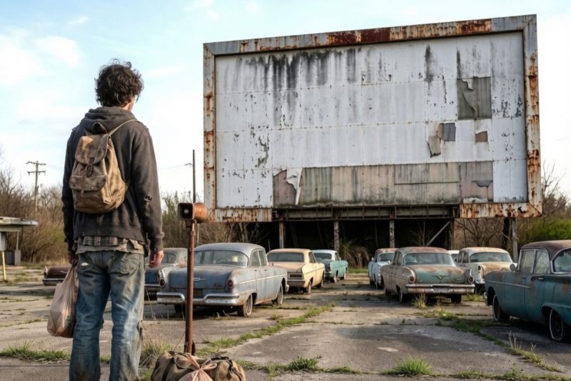 A los 19 años y sin un techo donde dormir, compró un autocine en ruinas en una subasta… sin imaginar lo que el viejo dueño había escondido detrás de la pantalla.