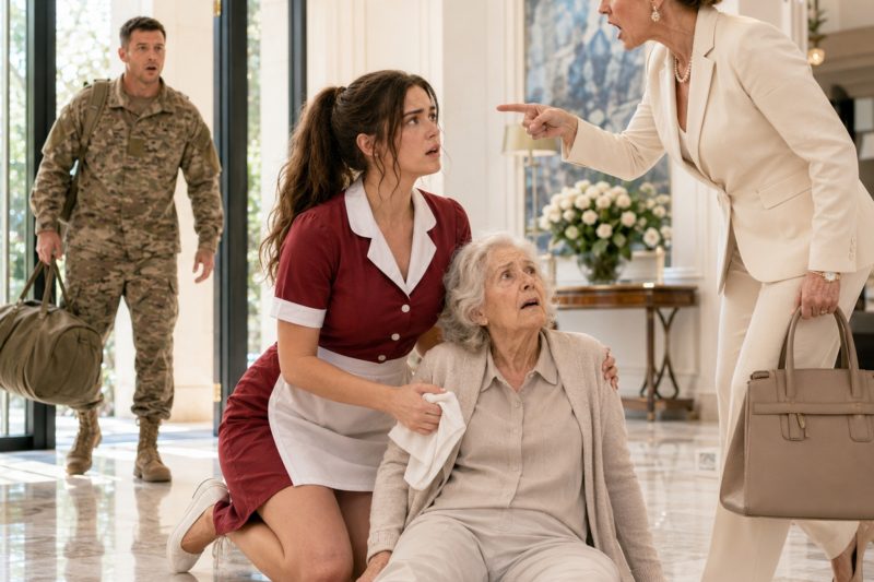Después de 2 años brutales de servicio militar, volví a casa antes de lo previsto y me quedé paralizado: mi esposa estaba arrastrando a mi madre, enferma de Alzheimer, hacia la puerta. “Echa afuera a esta carga inútil”, espetó, levantando la mano. Nuestra criada, llena de moretones, se interpuso entre ellas. “Pégame otra vez, pero a ella no la vas a tocar”. Cerré la puerta en silencio y llamé a mi abogado. Al amanecer, mi esposa había perdido la casa, su fortuna y su libertad, mientras que la valiente criada se convirtió en la protectora de mi madre y, con el tiempo, en mi esposa.